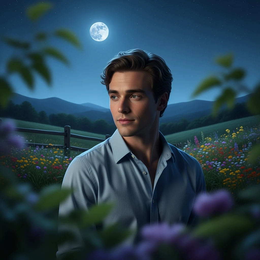 A portrait of a white person in the foreground, blurred plants in the foreground, a wooden fence and colorfull flowers in the midground, rolling hills in the background, cinematic depth of field, layered composition, moon back light (Blue night) emoji