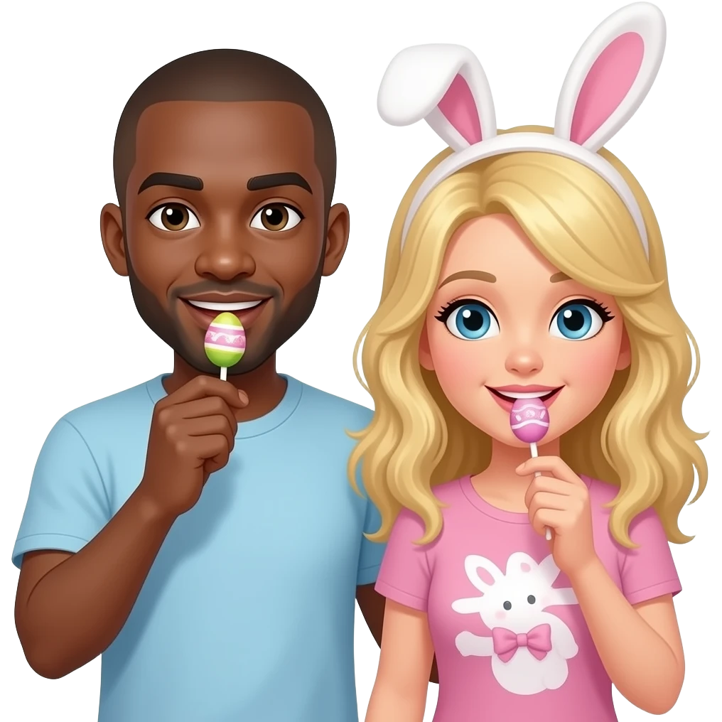 Black man with shaved head & blonde girlfriend eating Easter candy emoji