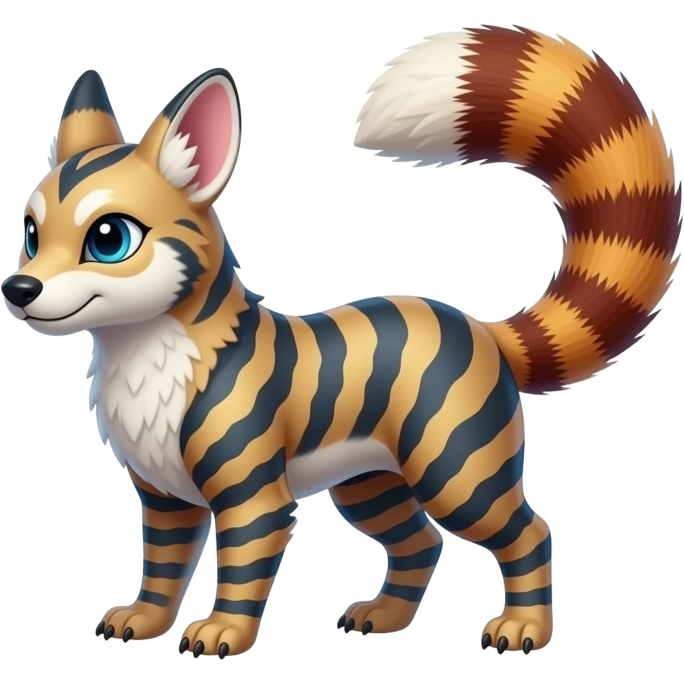 Hyper-realistic cool edgy badass zigzag-striped etched marked elegant Colorful Skilled Adept Graceful Asian Painted Meloetta-Furret-Lycanroc-Zangoose-Red-Panda-fusion-hybrid-creature (full body) emoji