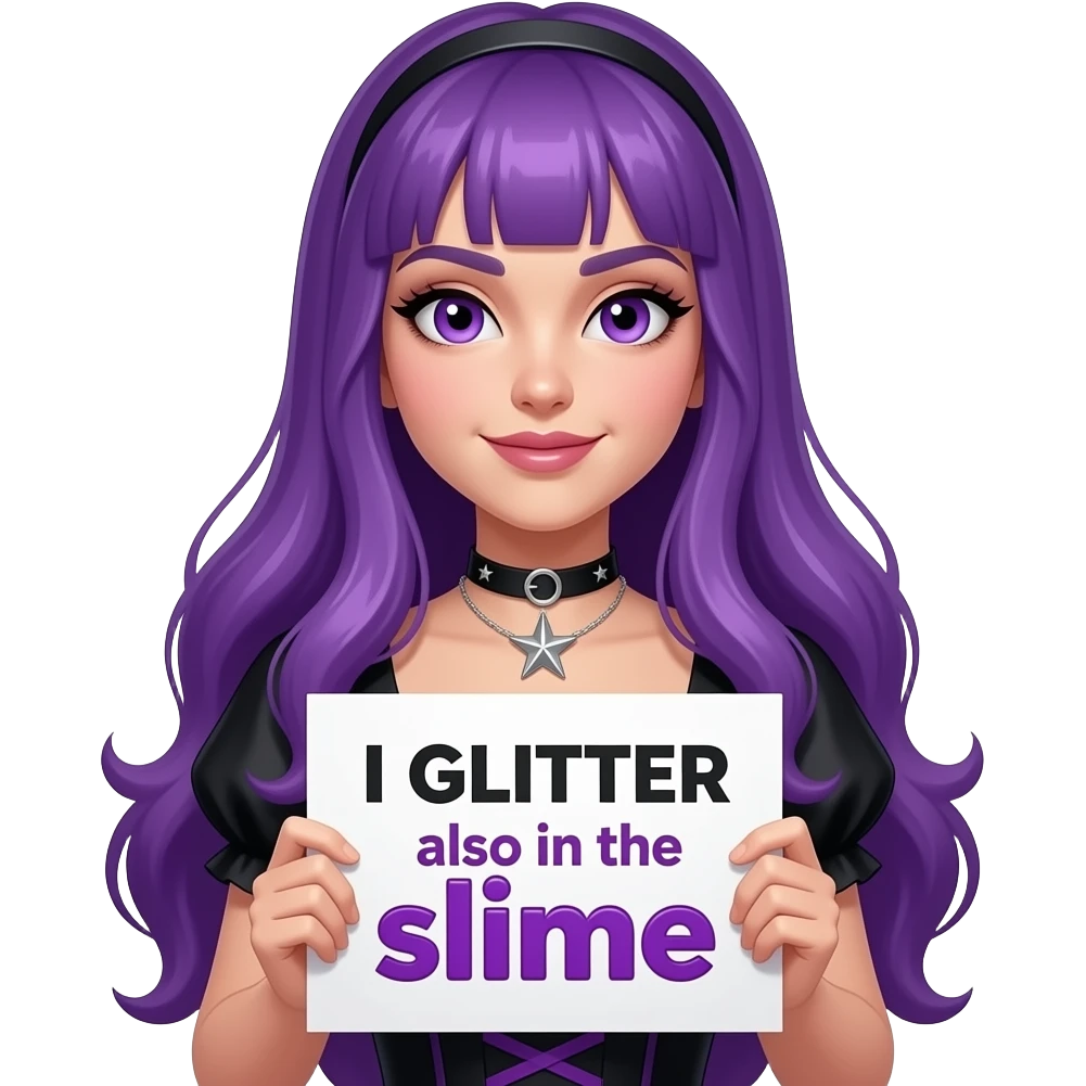 sexy girl with long purple hair and purple eyes wearing a halloween dress holding a ICH GLITZER auch im SCHLAMM sign emoji