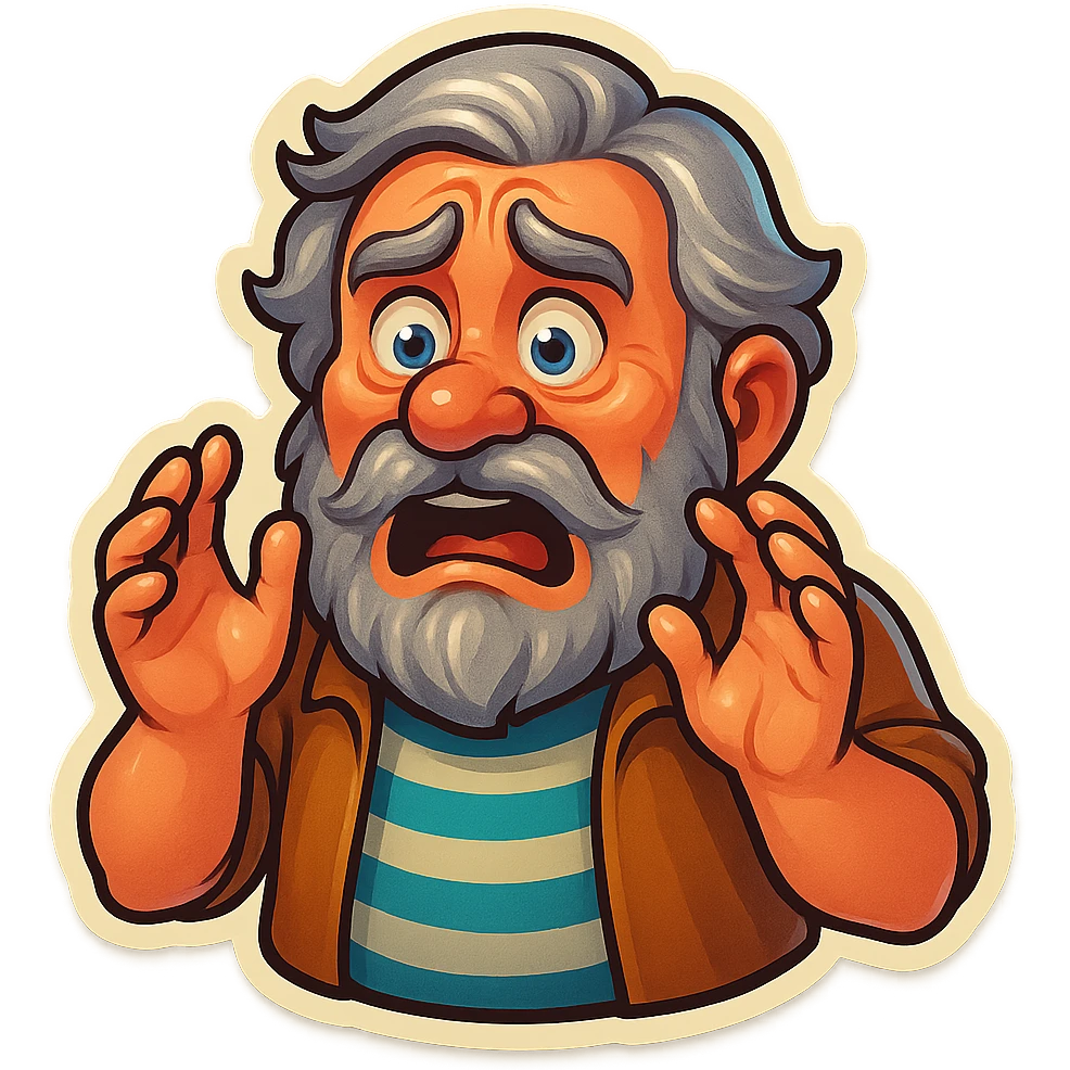 A dwarf with gray hair, a gray mustache, a gray beard, and gray eyebrows. He has blue eyes and wrinkles on his forehead. He is wearing a striped t-shirt and a brown jacket. The dwarf is displaying a fear emotion. emoji