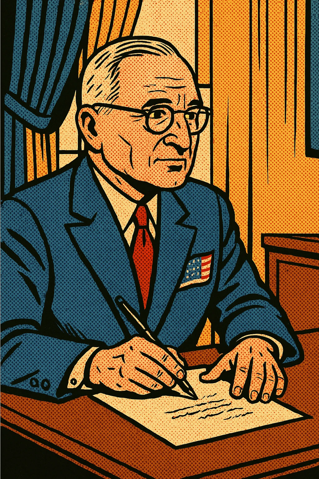 President Truman wearing a blue suit with a large US flag badge sitting down at a desk in his office writing a letter. The president should facing forwards to the right emoji