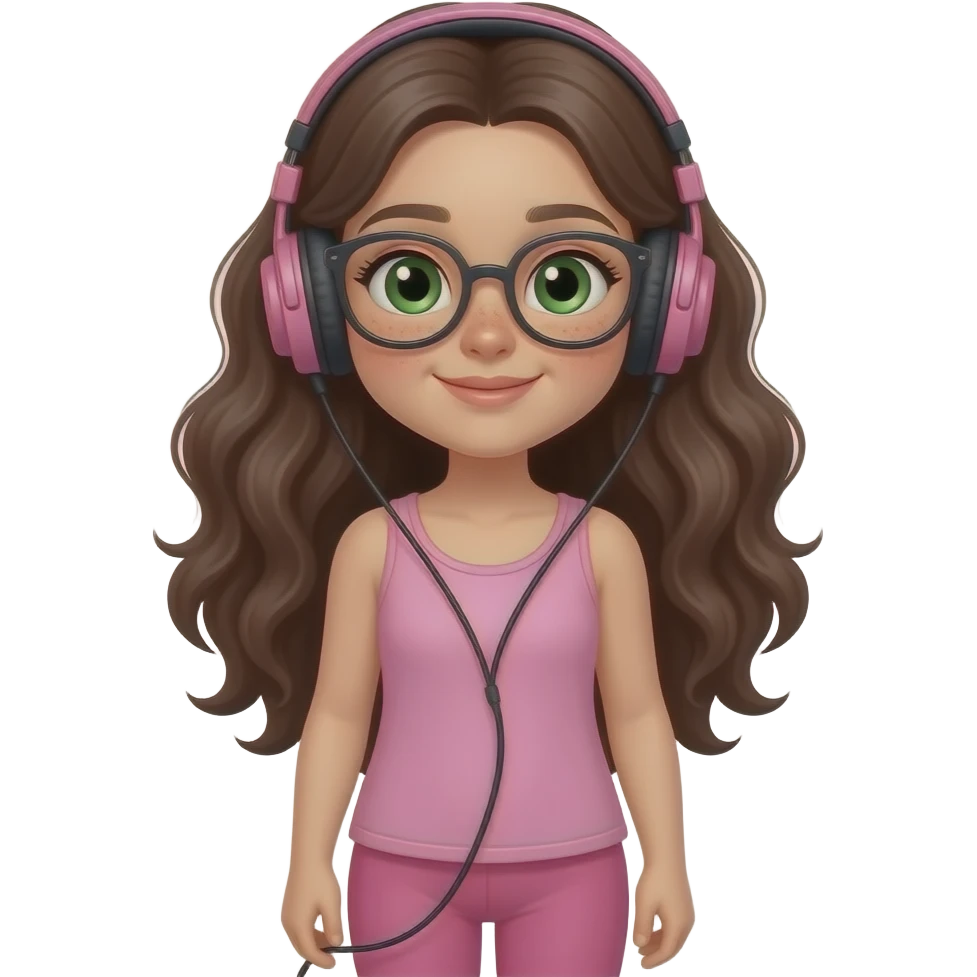 young girl in the style of iphone emoji people, fair skin, green eyes, glasses, freckles,long dark brown wavy hair, pink tank top and pink leggings, listening to music on headphones emoji