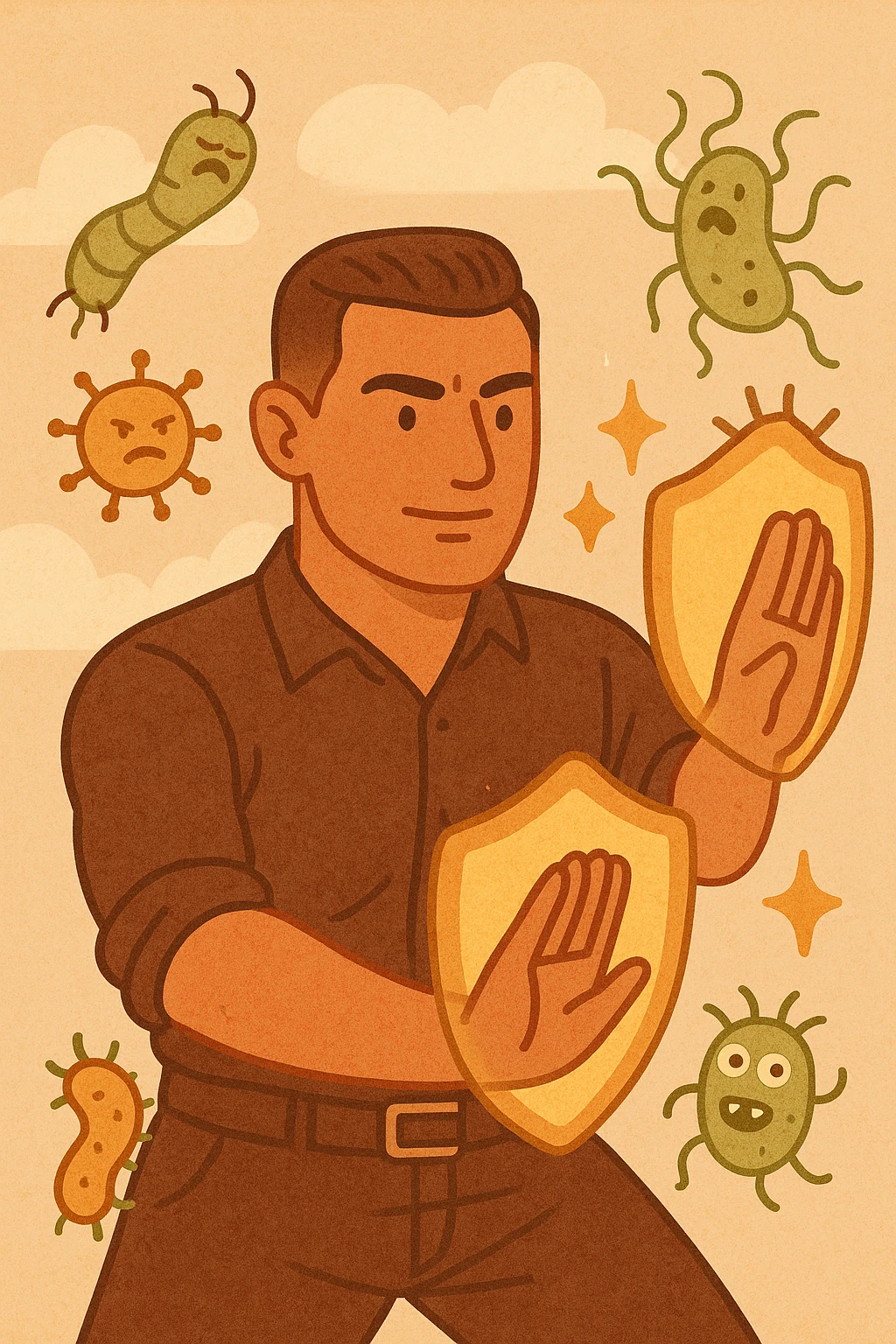 Vertical portrait of a man's face in a cartoon style with a determined expression. Funny and colorful parasites are being pushed away by glowing shields, creating an atmosphere of defense and protection. emoji