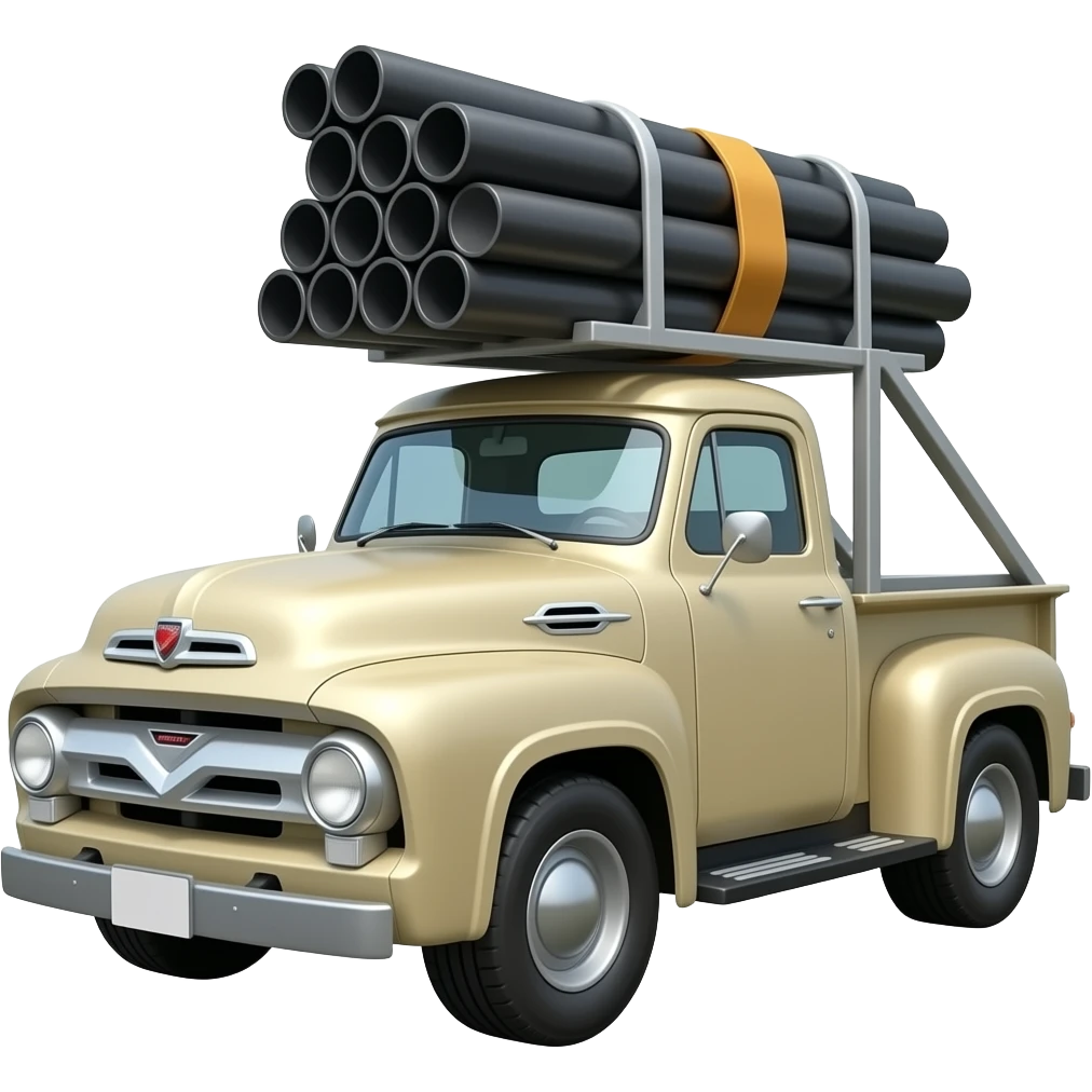 Fancy Ford Pick up truck with racking with a bundle of black pipe strapped on emoji