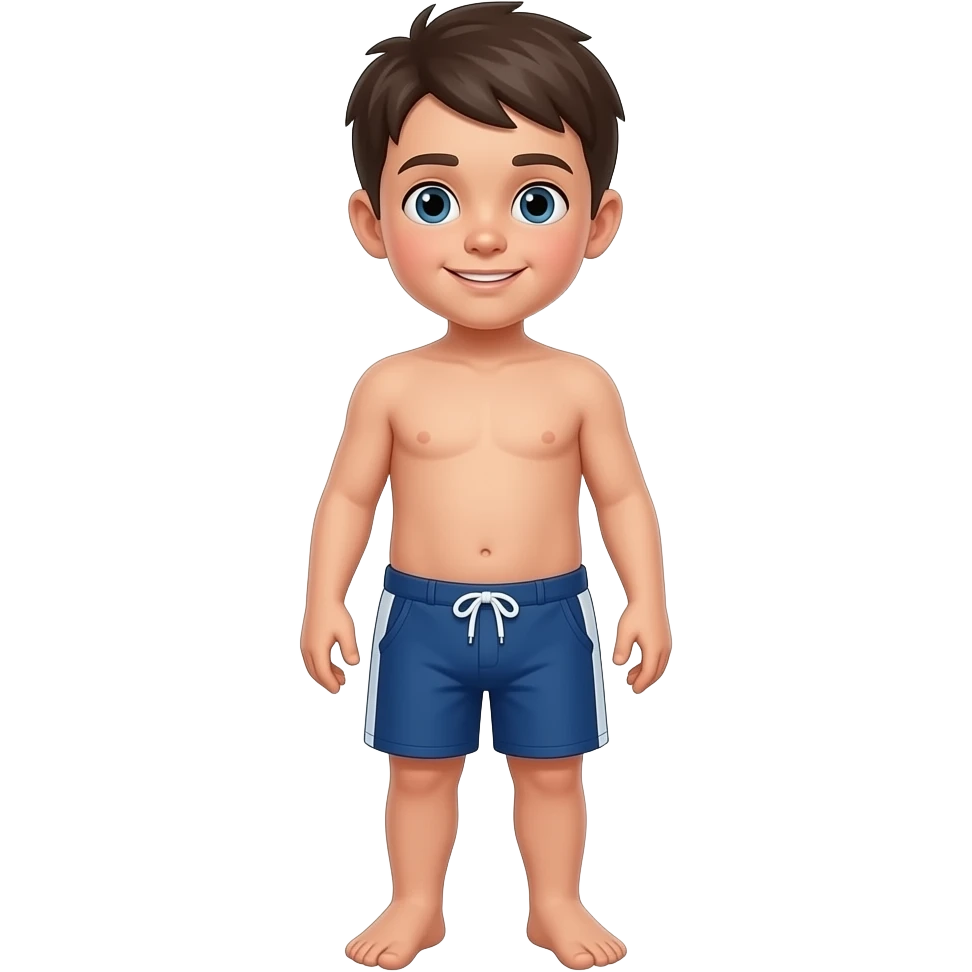 full-bodied standing slim young child boy wearing shorts swimsuit emoji