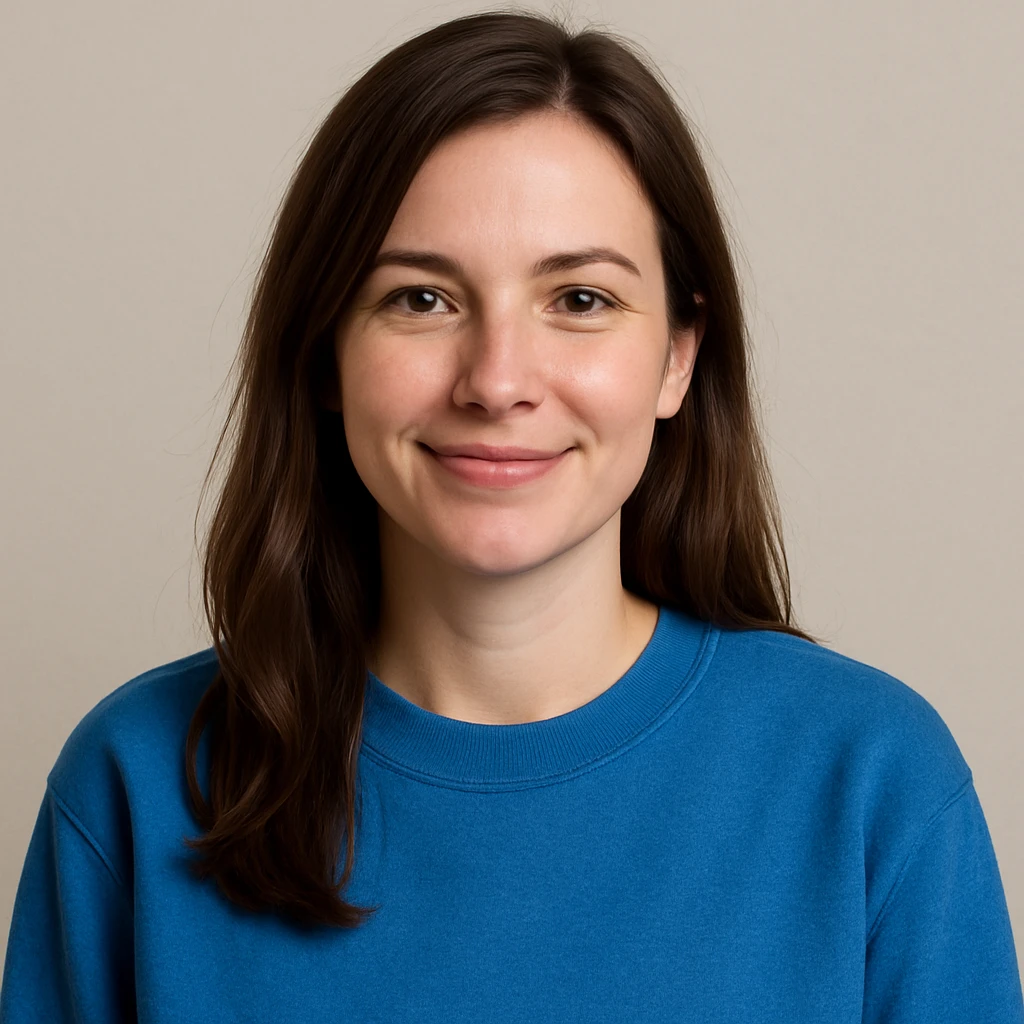 white female with brown hair wearing a blue sweatshirt, upper body, friendly expression, neutral background emoji
