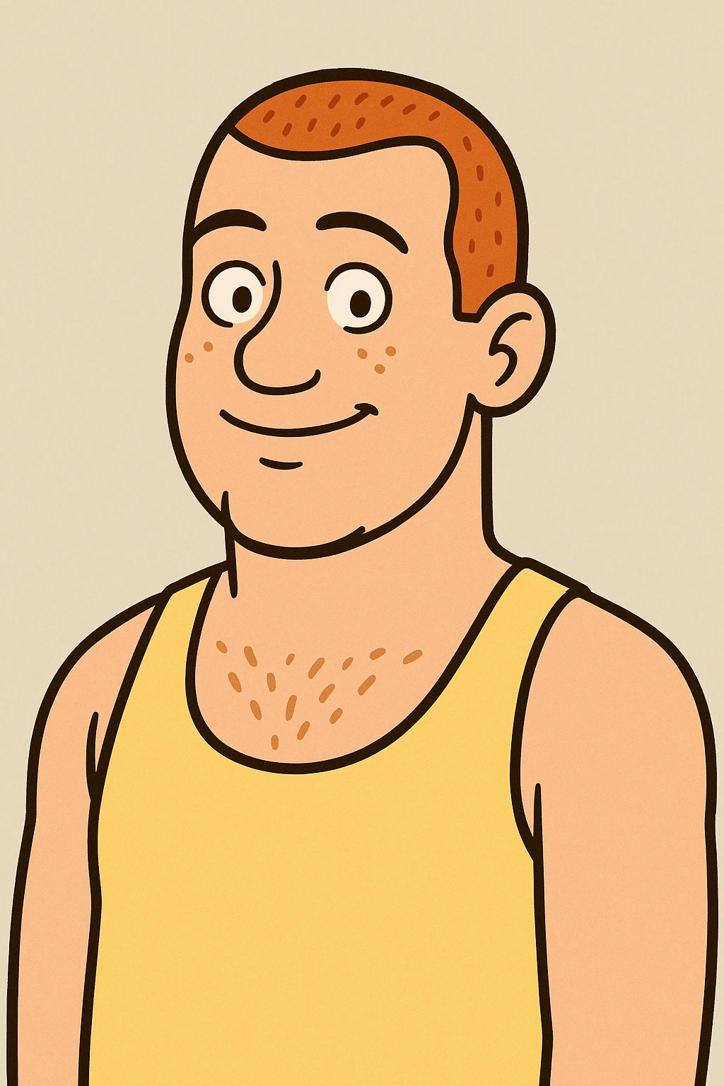 redhead man with a buzz cut wearing a yellow tank top, upper body, friendly expression, neutral background emoji