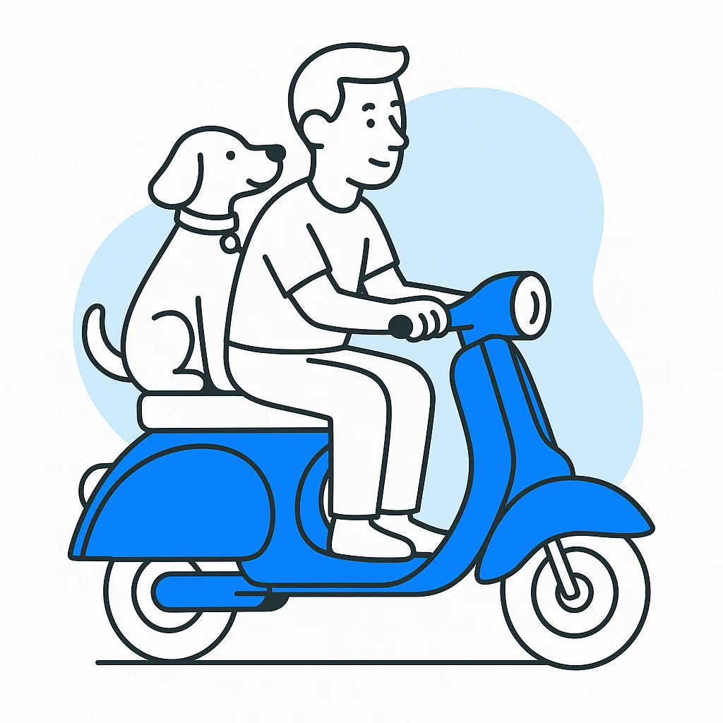 man and his pet dog riding a vespa emoji