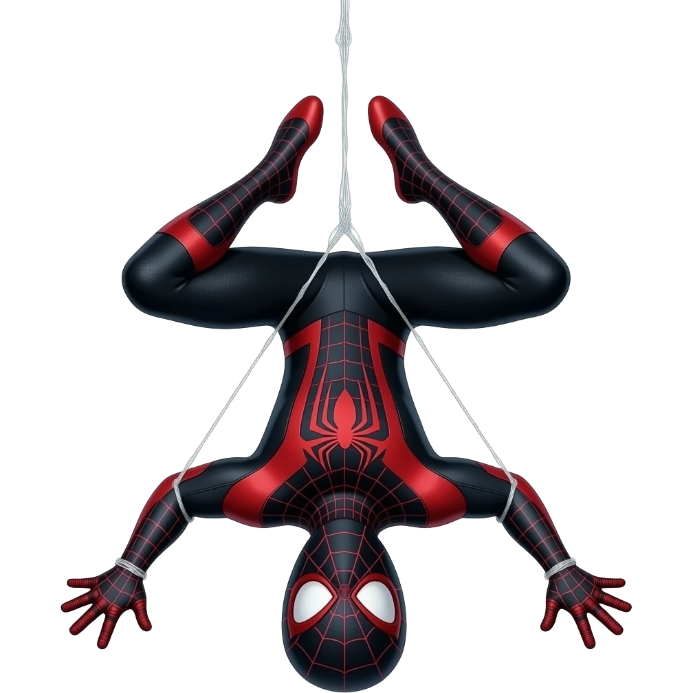 Spiderman miles morales wearing his mask in his black and red suit hanging upside-down through web string emoji