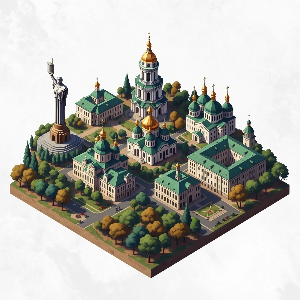 Isometric illustration of photorealistic Kyiv, balanced between paint stylized and realistic, 3D miniature effect, transparent background. emoji