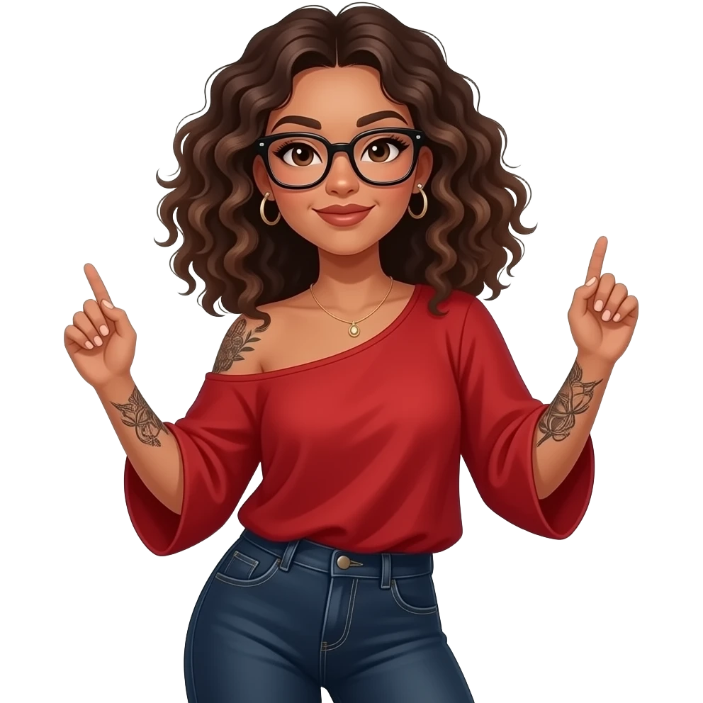 A woman with tan skin, shoulder-length curly hair (sometimes straightened), black square glasses, two nose studs, and visible tattoos (left shoulder and inner arms). She is wearing a flowy red top and dark jeans. She's surrounded by stars and dancing emoji