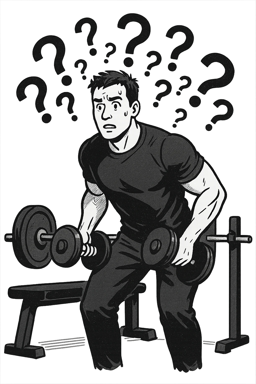 Uomo in palestra mentre si allena con tanti punti interrogativi intorno, confuso emoji