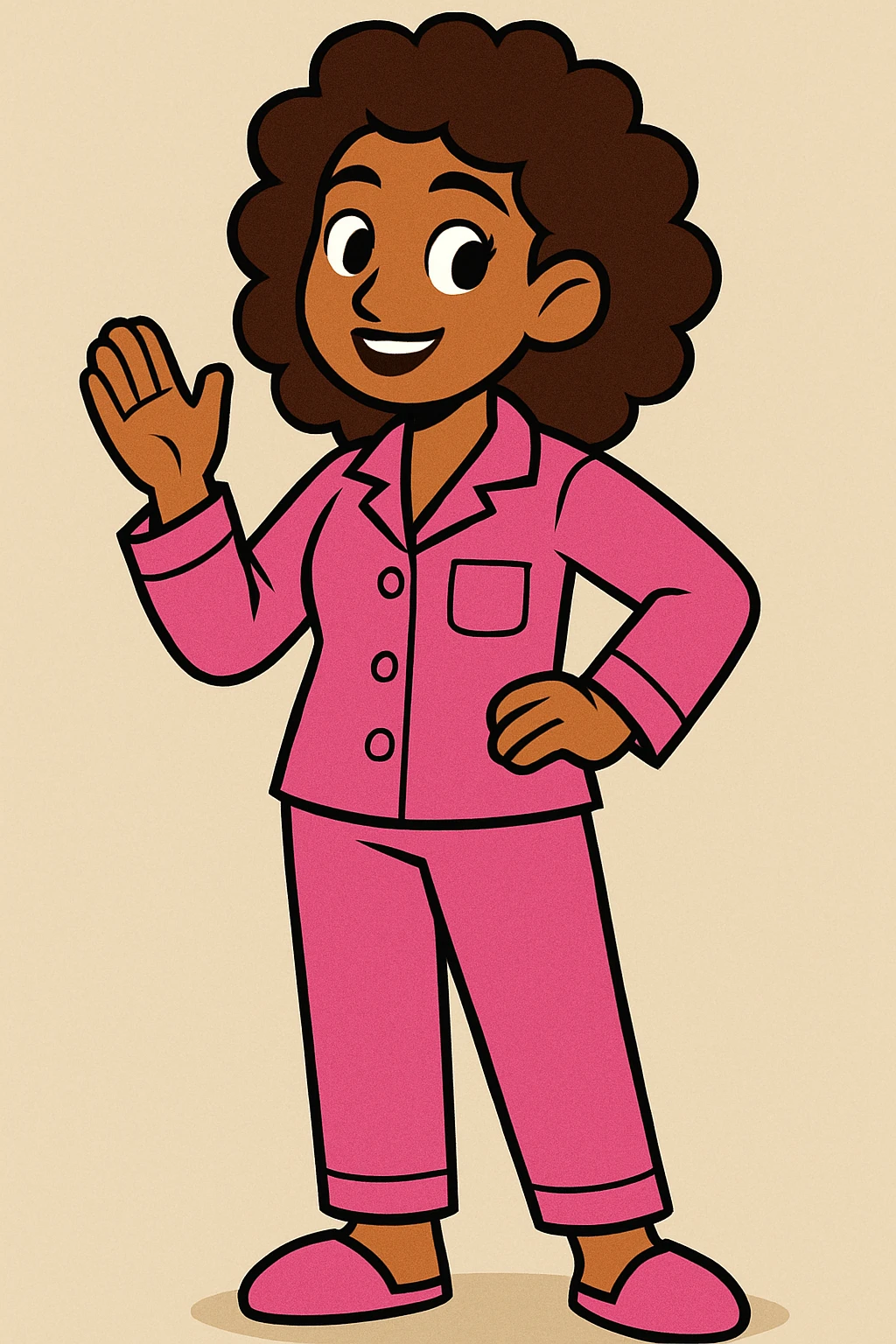 modern style medium skin woman with curly brown hair wearing pink pajamas, neutral background emoji