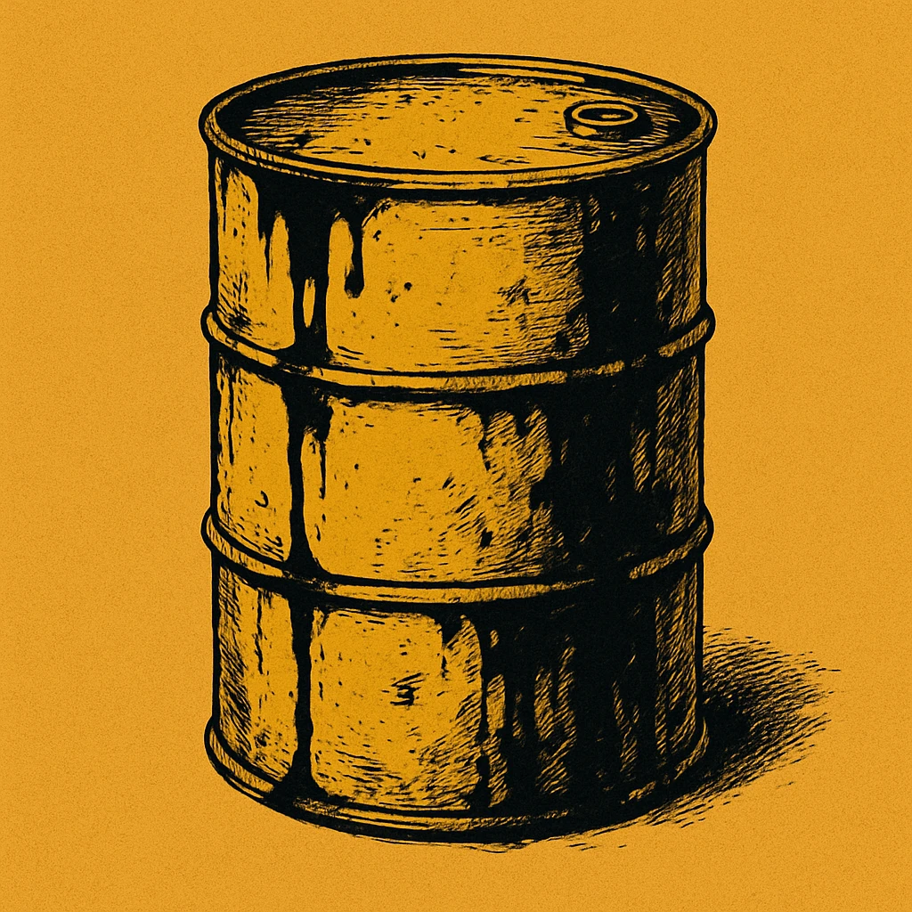 Сгенерируй мне темно желтую бочку чуть испачканную нефтью в стиле японского комикса на однородном фоне. Она должна .смотреться ебать как стильно. Без рисунка капли.  emoji