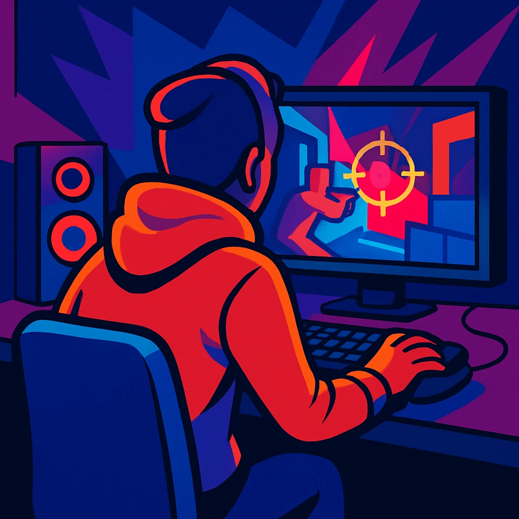 back view of a man in a hoodie gaming at a computer, intense atmosphere, modern cartoon style, vibrant colors emoji