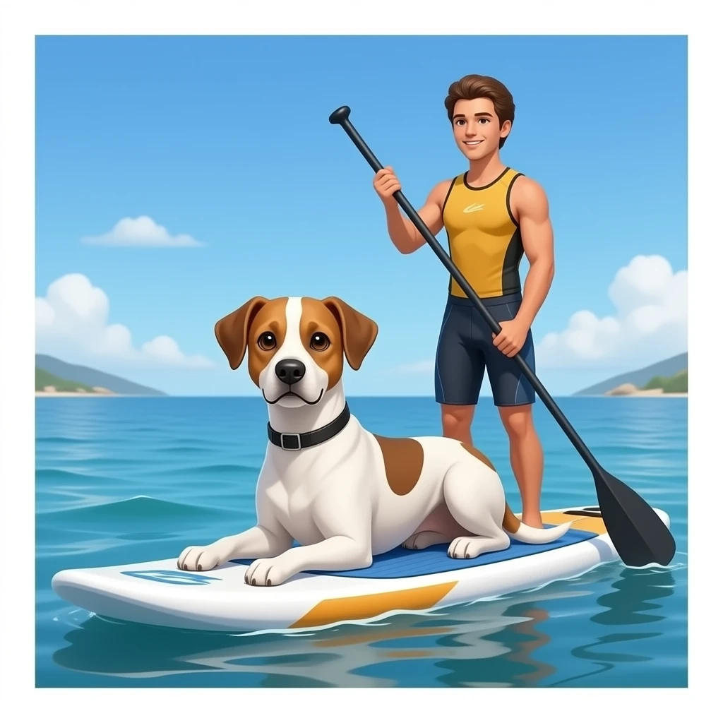 A Podenco portugais white-coffee coloured dog race type slim Podenco (joung adult) is lying down sphinx like on a sup in front front of a real paddling standing paddler on the same sup-board in real proportions to the 12.6” board and paddler  on sea emoji