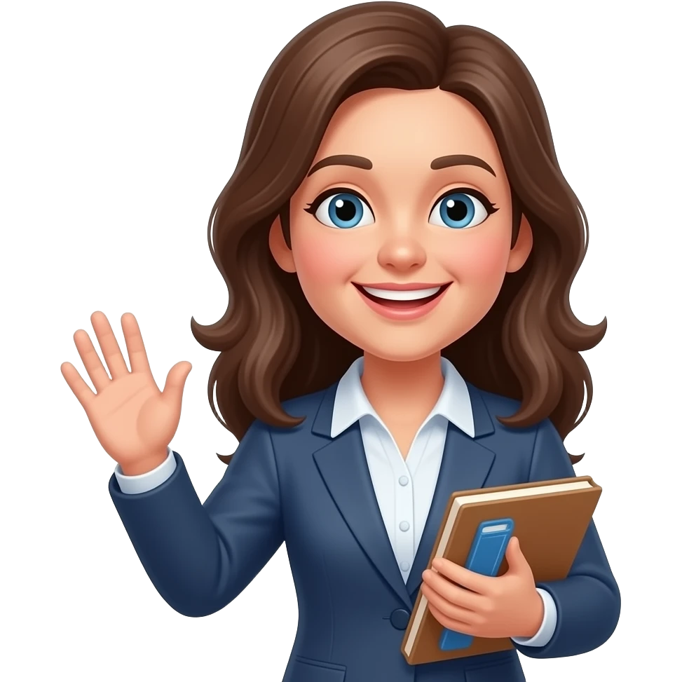 long brown hair 50 years old, thin body, teaching math and smiling features show the emoji smiling and waving features emoji