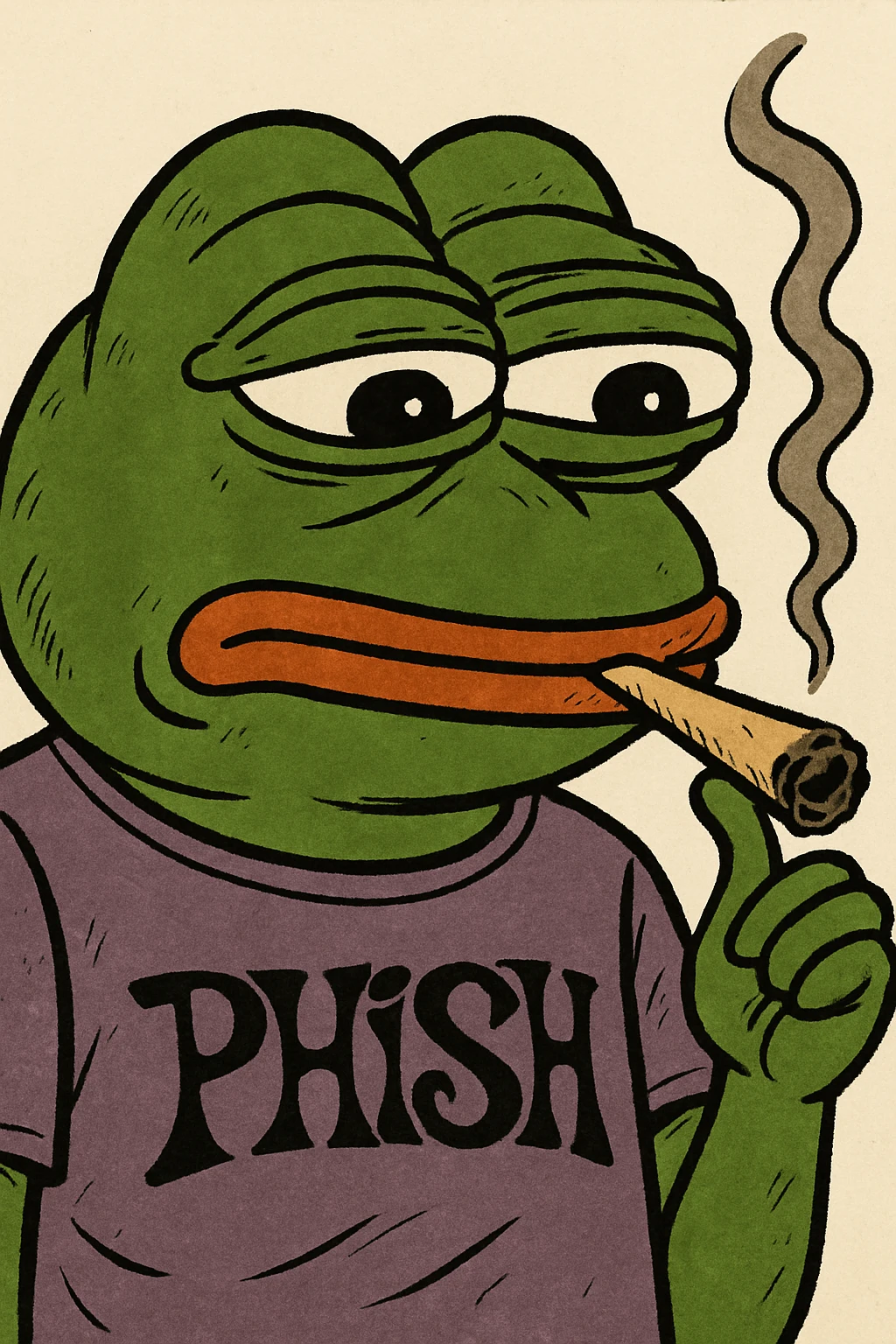 Add a Phish band t-shirt to Pepe the Frog while he is smoking a joint, keeping the Pepe meme style consistent and recognizable. emoji