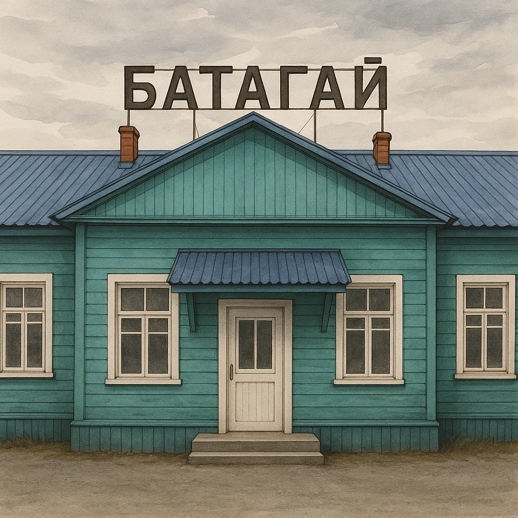 Используя эту стилистику, сгенерируй фотореалистичную картинку центральной части домика с надписью Батагай emoji