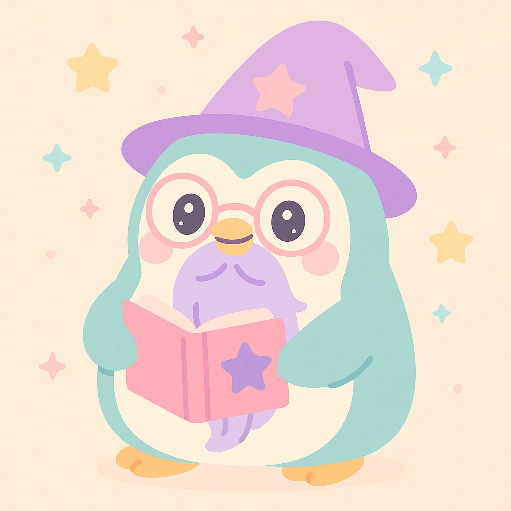 a chubby penguin wizard with glasses, a long beard, and a spellbook, in a fantasy illustration style emoji