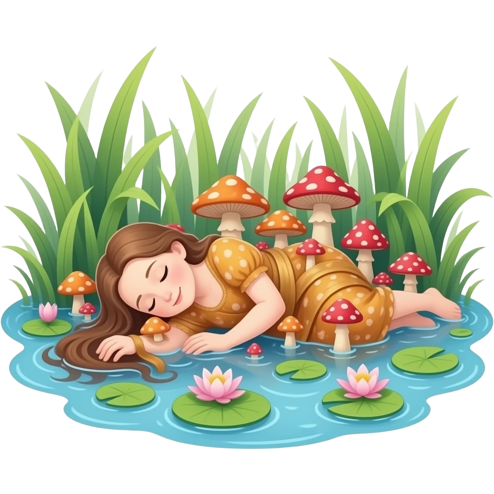 Ophelia lies in the water wrapped in toadstool and water lily - a scene from the original painting by John Everett Miles emoji
