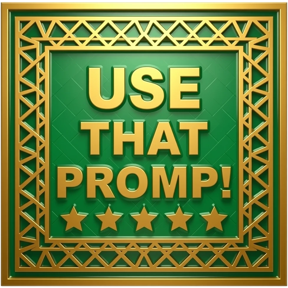 An uppercase wide board text 'USE THAT PROMP!' designed with geometric Islamic patterns and 5-stars-shaped cutouts. Made from rich emerald-green glass with brushed gold edges. Backlit with a warm amber glow, 8k resolution, clean minimalist design emoji
