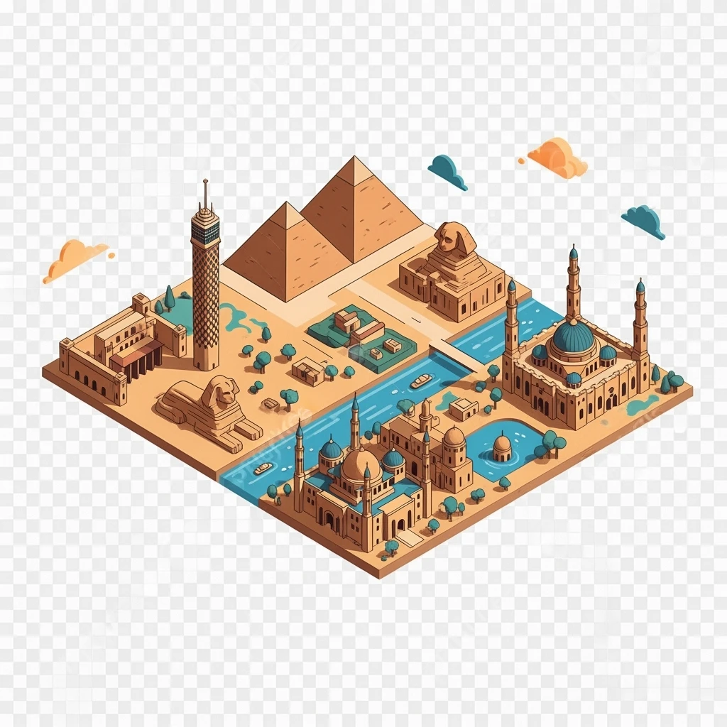 Isometric minimalistic illustration of Cairo, subtle 3D miniature effect and Tilt Shift effect, no cartoonish look, transparent background. emoji