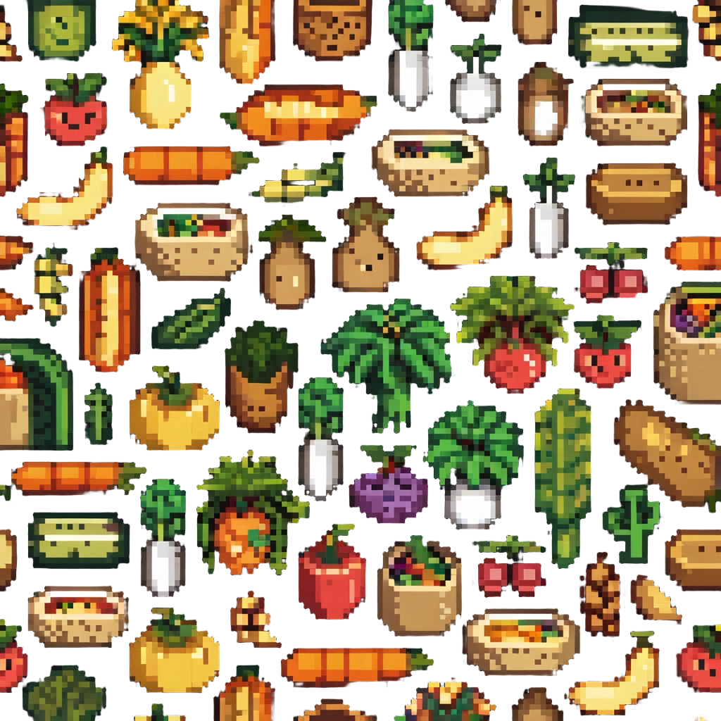 Pixel art of dietary fiber showing whole grains, vegetables, fruits and legumes connected by fiber strands, with an intestine character showing improved digestion emoji