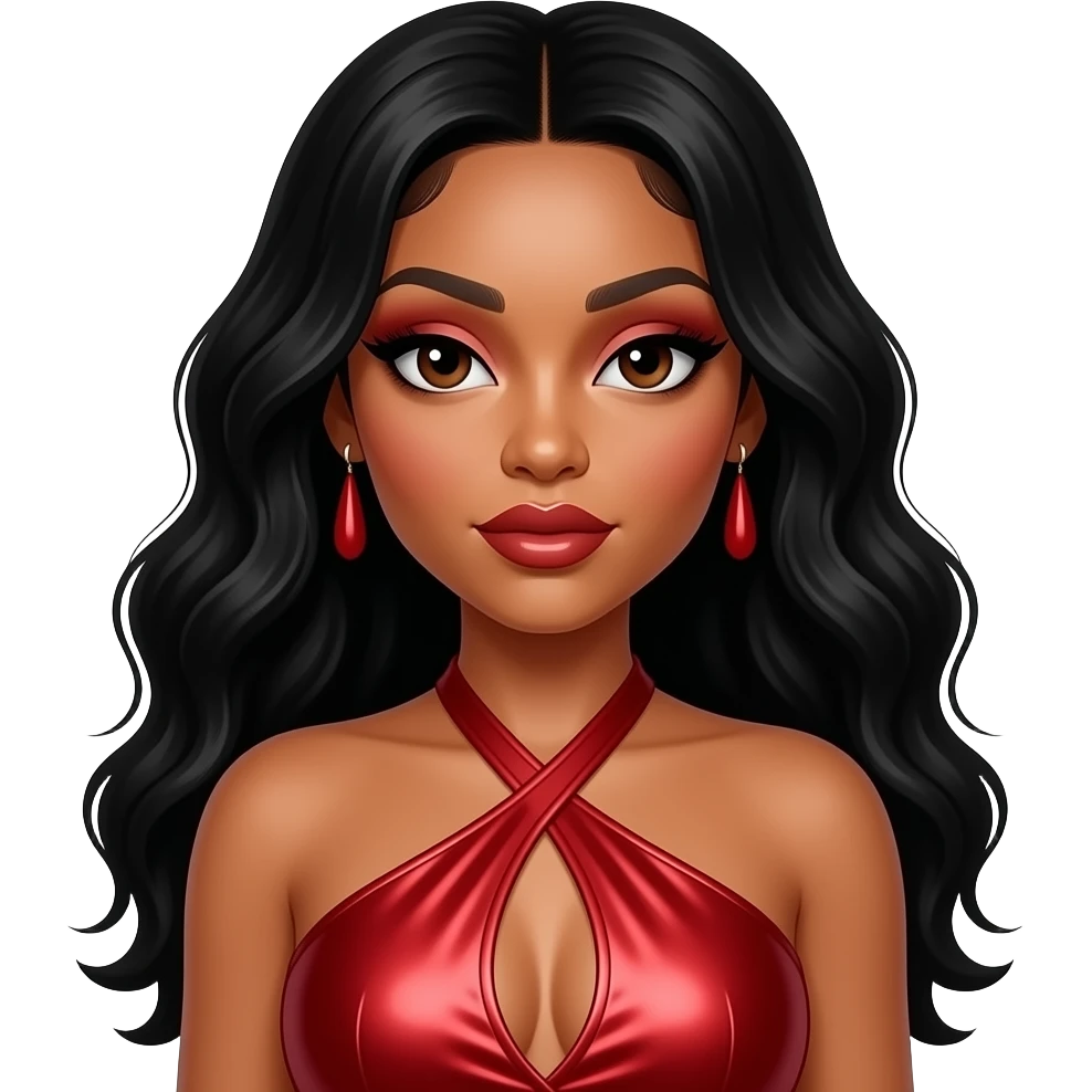 Megan thee Stallion with dark brown eyes, long black hair, red eyeshadow and lipstick, red metallic halter dress, red earrings emoji