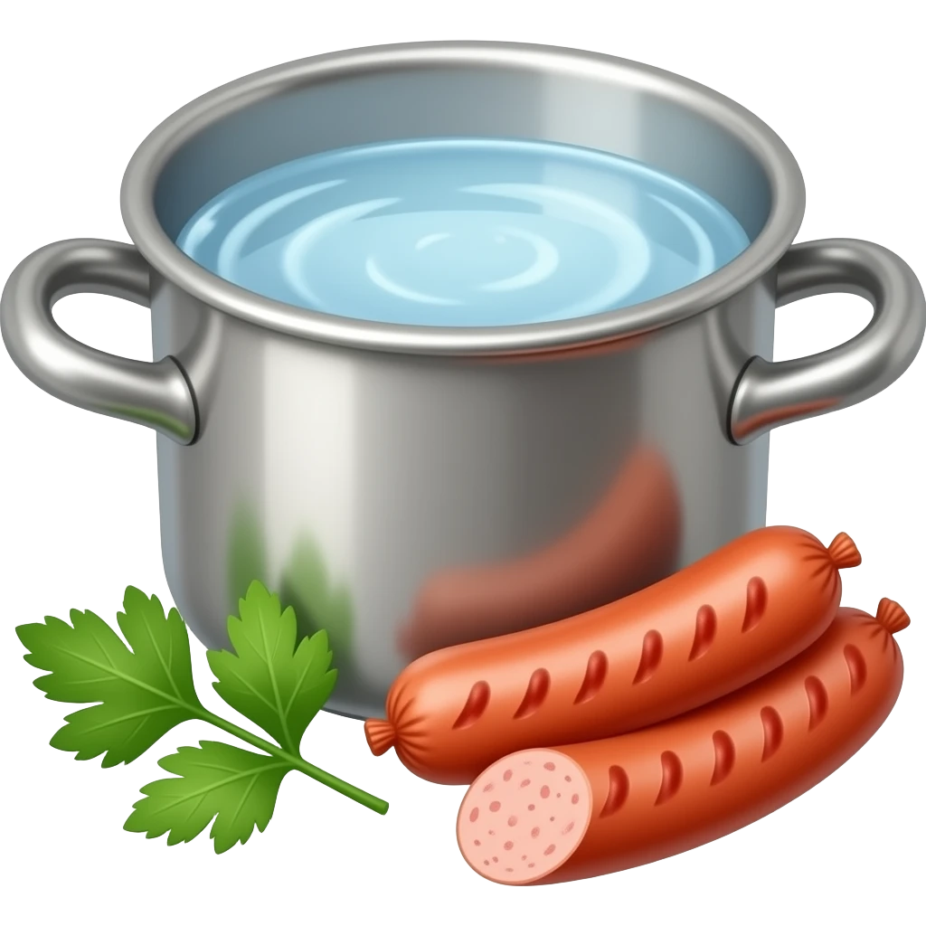 olla con agua y hojas pequeñas de cilantro, con salchichas plumrose enteras emoji