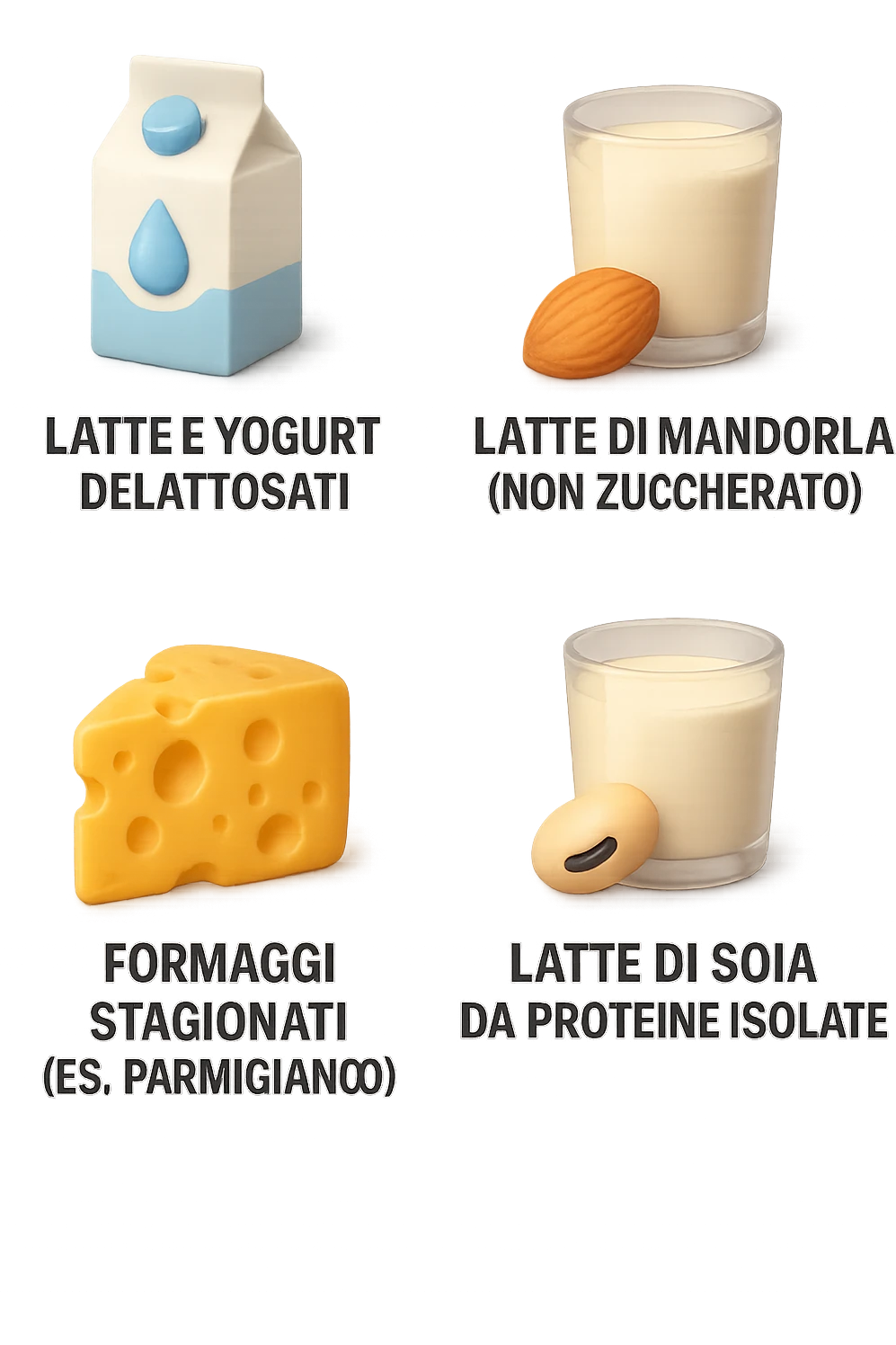 emoji stile iphone 3d di questi elementi che fluttuano in aria:

Latte e yogurt delattosati
Latte di mandorla (non zuccherato)
Latte di soia da proteine isolate
Formaggi stagionati (es. parmigiano)
Tofu compatto e tempeh
 che fluttuano in aria,  le etichette scrivile in italiano, iperealistico 4k emoji