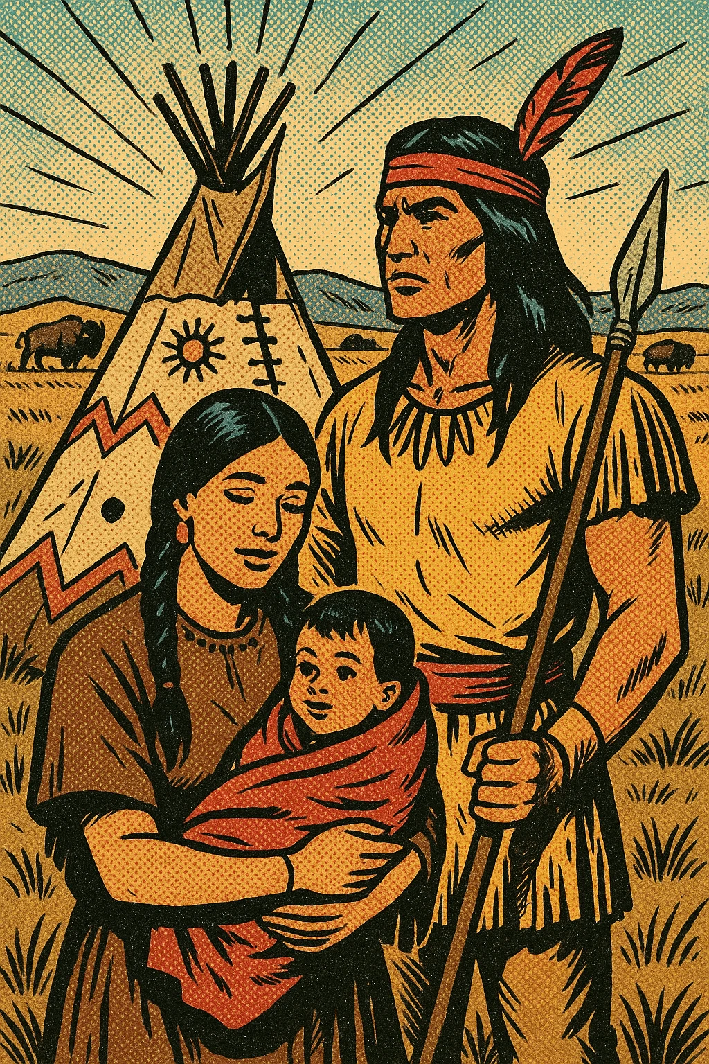 A native American family including a mother and young child, with a father who is a warrior. They are standing near a tepee decorated in native american symbols, there are buffalo in the distance. They are on the dry grasslands of the great plains in the 1840s emoji