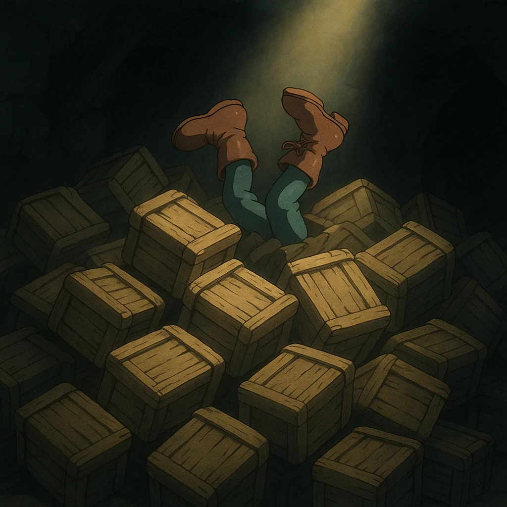 A pile of small oblong crates hidden in a dark area with a beam of light shining from above, with someone’s boots sticking out like they dove in emoji