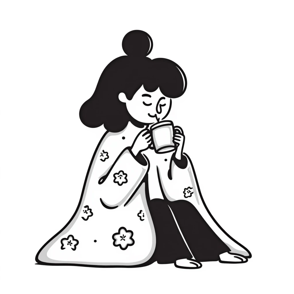 girl inside a blanket sipping coffee, eyes closed, style 2 emoji