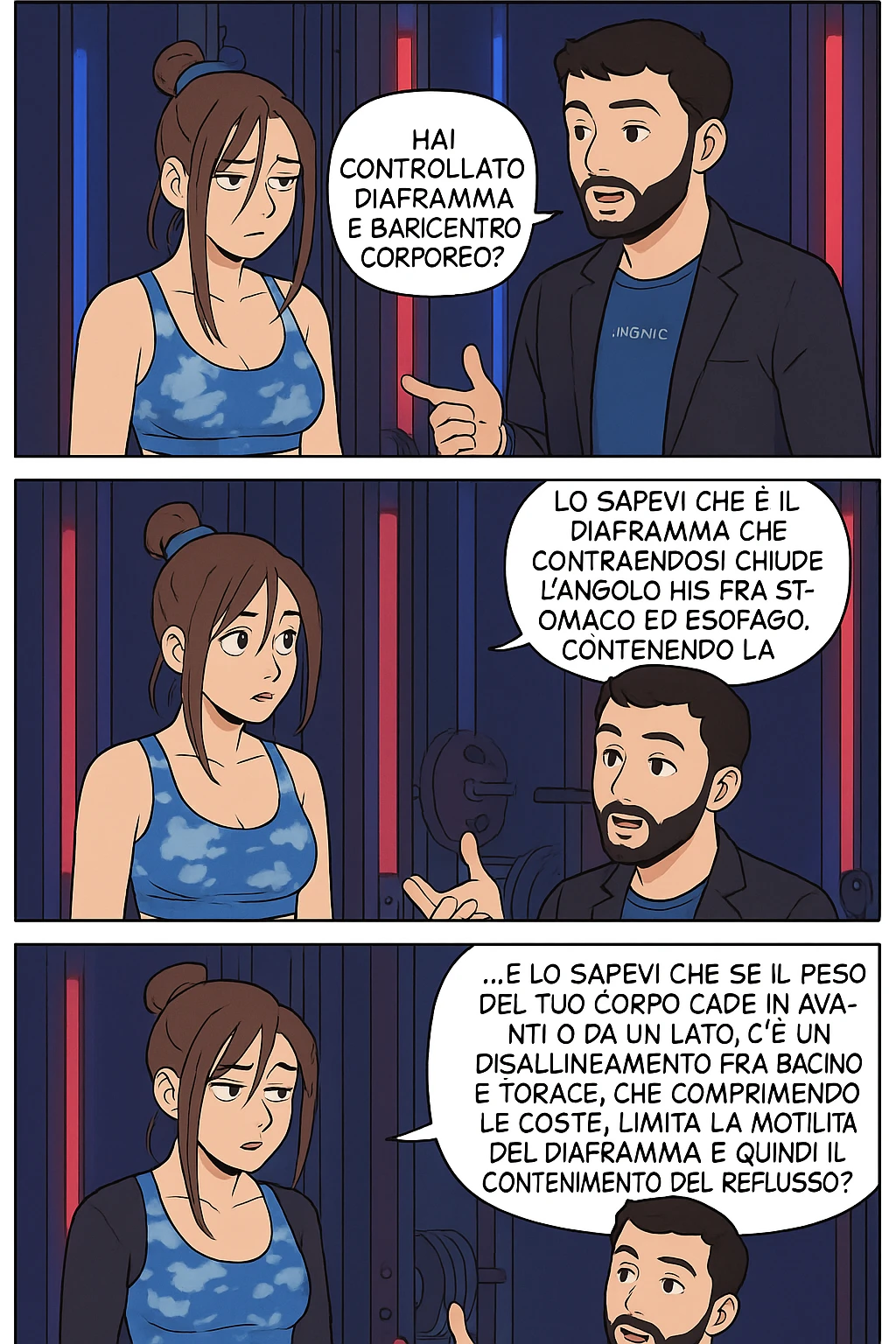 TRASFORMA QUESTO CAROSELLO IN UN FUMETTO STILE WEBTOON/MANGA A COLORI CON QUESTE DUE PERSONE IDENTICHE CHE INTERLOQUISCONO TRA LORO, L'uomo sta spiegando alla donna questo concetto:

LUI (UOMO): Hai controllato diaframma e baricentro corporeo?
LUI (UOMO): Lo sapevi che è il diaframma che contraendosi chiude l’angolo his fra stomaco ed esofago, contenendo la risalita degli acidi grassi?
LUI (UOMO): …e lo sapevi che se il peso del tuo corpo cade in avanti o da un lato, c’è un disallineamento fra bacino e torace, che comprimendo le coste, limita la motilità del diaframma e quindi il contenimento del reflusso? emoji