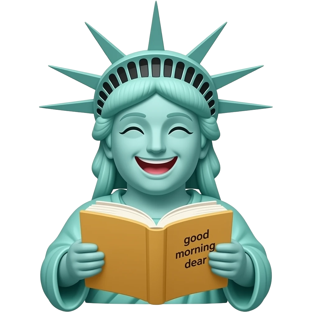 statue of liberty laughing (both hands visible))and has a writing on the book "good morning dear" emoji