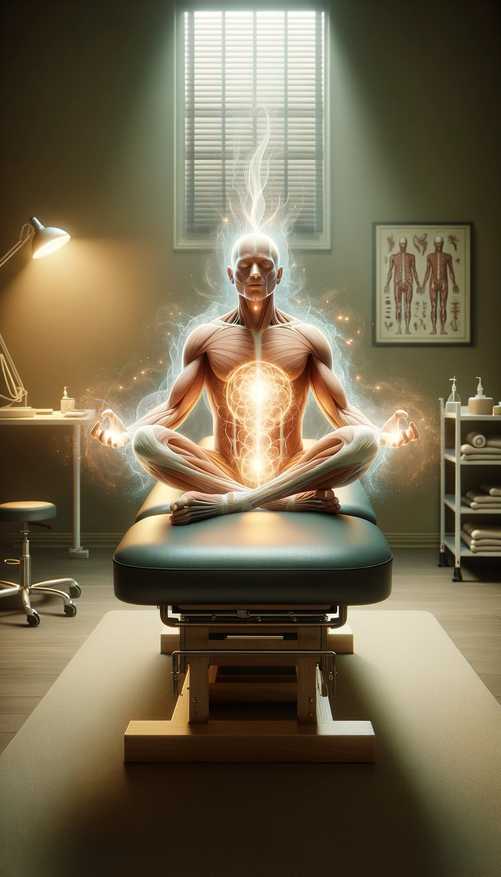 l'anima di un corpo umano anatomico gli esce dal corpo e si risveglia, misticità e serenità del corpo e della mente mentre sta seduto su un lettino di un kinesiologo, iperrealistico 4k emoji