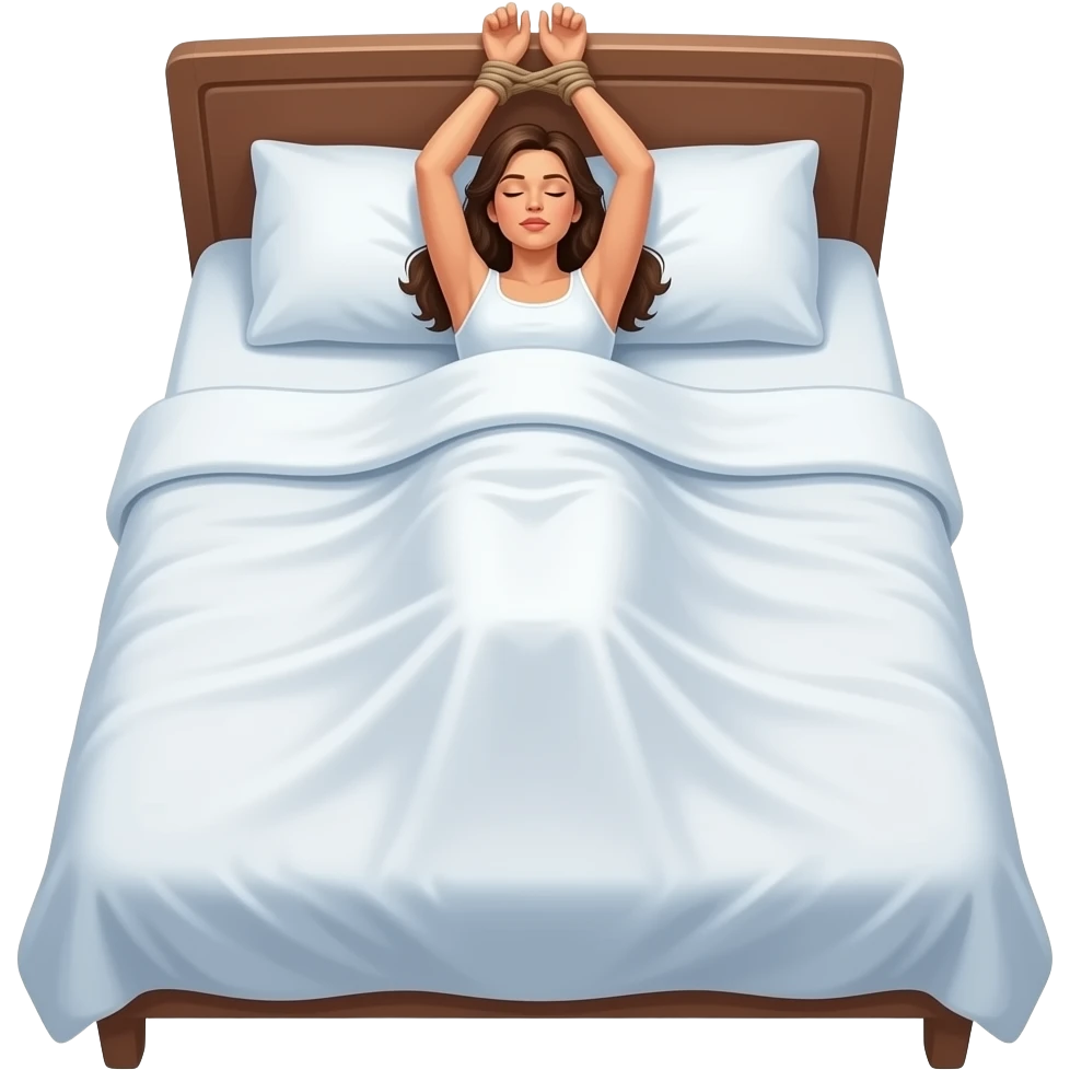 Femme allongée sur le dos dans un grand lit double avec les bras  attaché à la tête de lit emoji