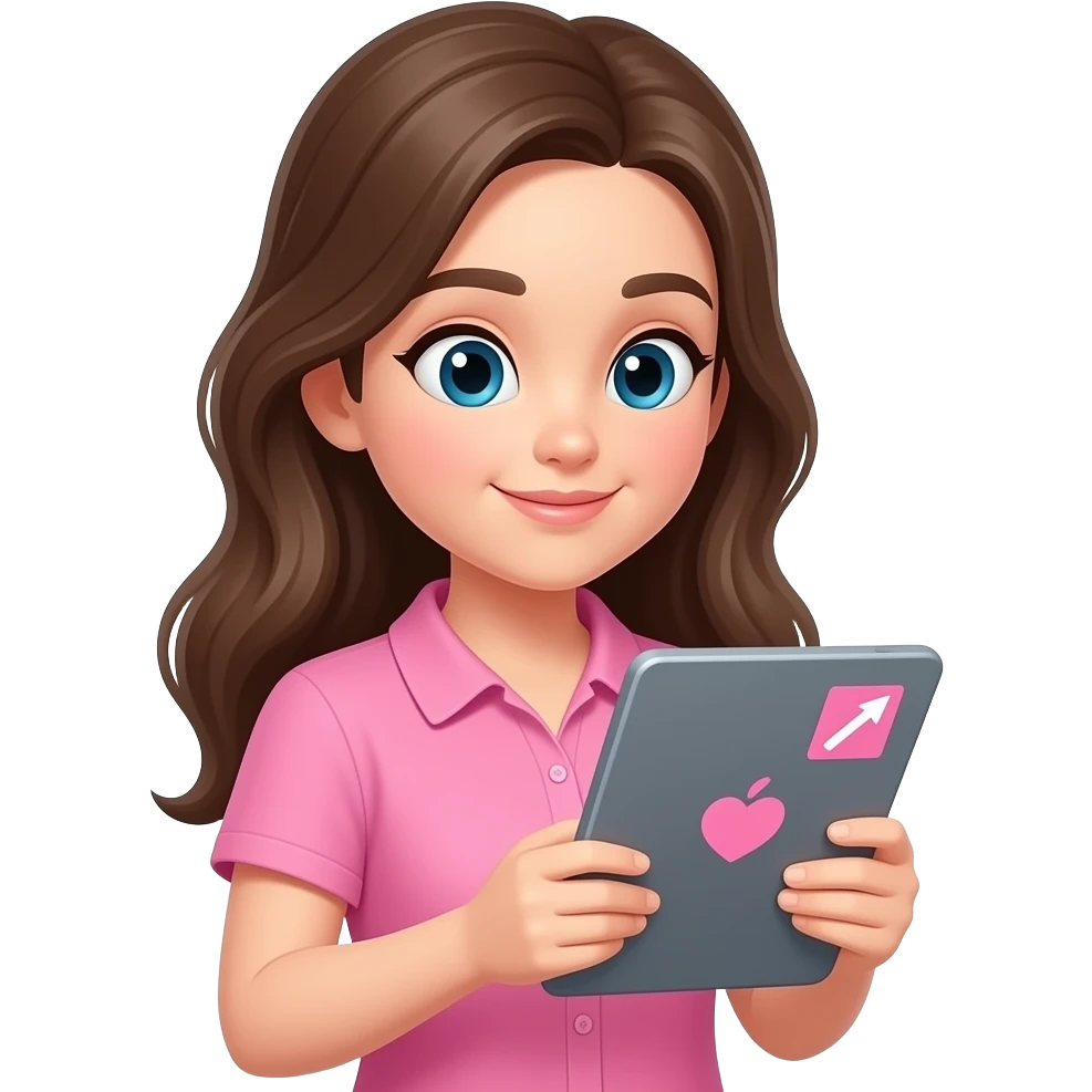 Niña con blusa rosada viendo tablet  con stickers rosado emoji
