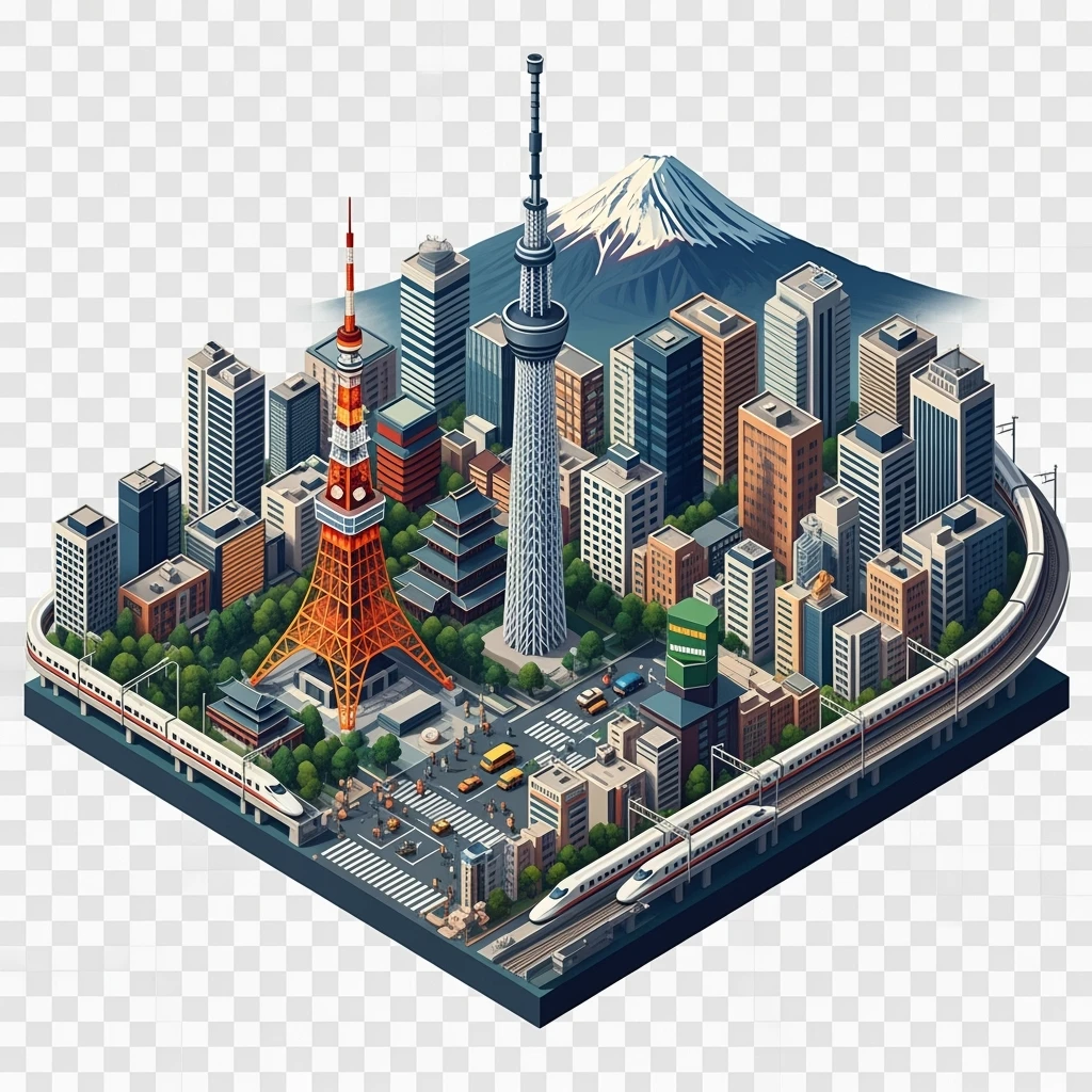 Isometric illustration of Tokyo, with Tokyo Tower, Skytree, Shibuya Crossing, Mount Fuji in background, high-speed trains, subtle 3D miniature effect and Tilt Shift effect, no cartoonish look, transparent background. emoji