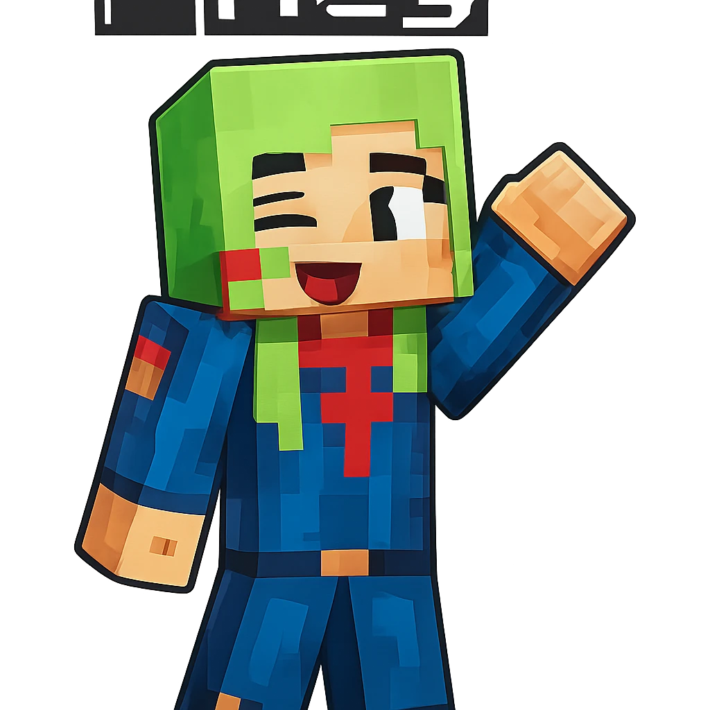 Extract the first character from the left with green hair and blue outfit labeled 'Meg' as a fully visible, separate image with a transparent background, keeping the original Minecraft cartoon style and appearance. emoji