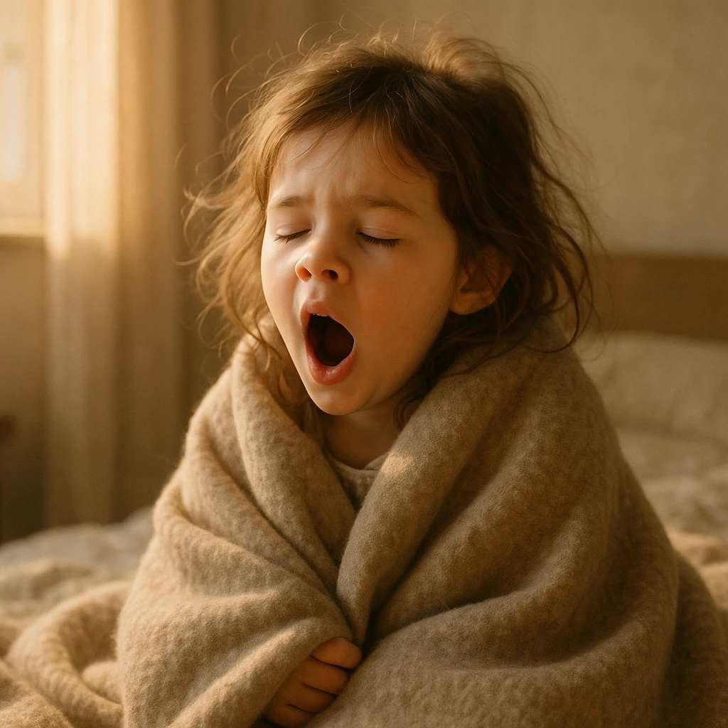 a girl with tousled brown hair yawning, wrapped in a blanket, early morning, soft sunlight emoji