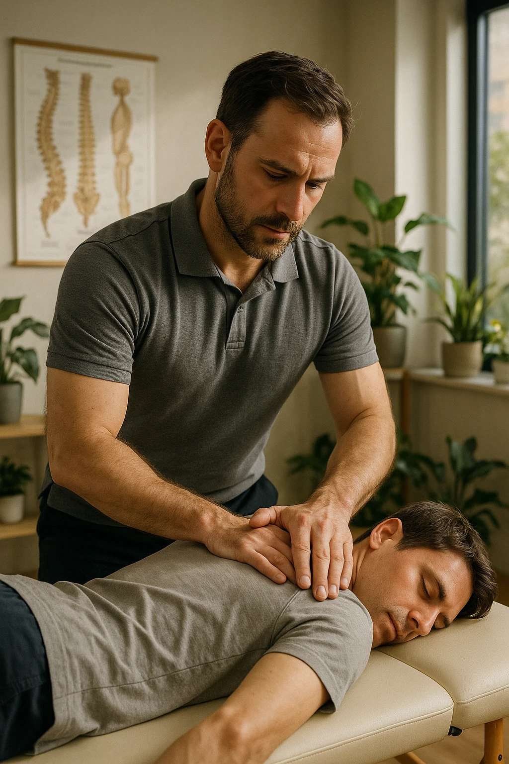 A realistic, cinematic illustration of a professional osteopath in his late 30s, wearing a fitted polo shirt in a neutral color, performing gentle manual manipulations on a patient to improve posture. The osteopath uses precise hand placement along the patient's upper back and cervical spine while the patient lies on a comfortable treatment table in a bright, modern clinic. Anatomical posters showing the spine and posture alignment are on the wall, and the room has warm, natural lighting with plants for a calming atmosphere. The scene emphasizes hands-on osteopathic care to restore body alignment, spinal mobility, and posture, showcasing trust, professionalism, and holistic care emoji