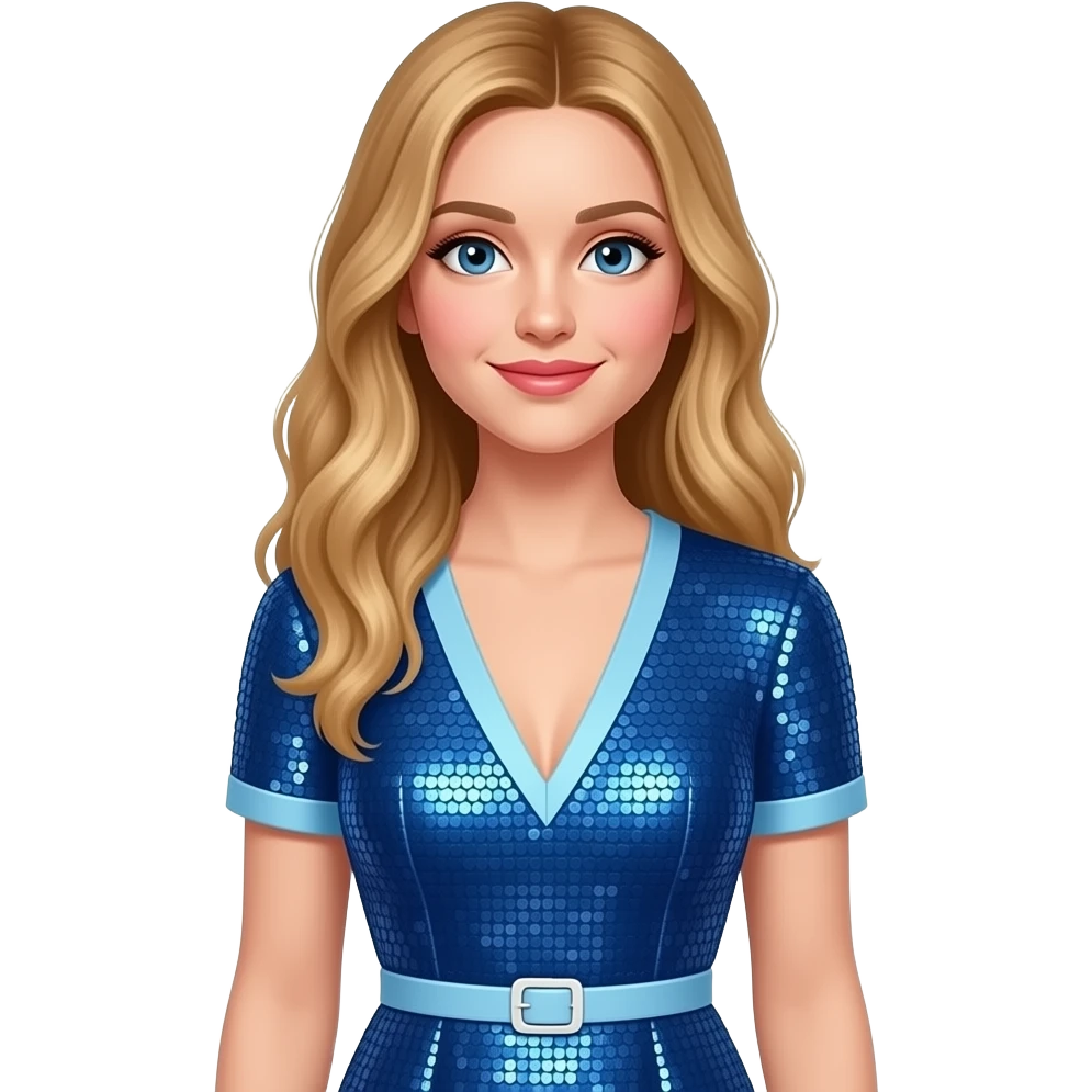 Sabrina carpenter is wearing a blue sequin dress with a v neck that is lined light blue and short sleeves that are also lined light blue. The dress has a thin white belt and shimmering sequins emoji