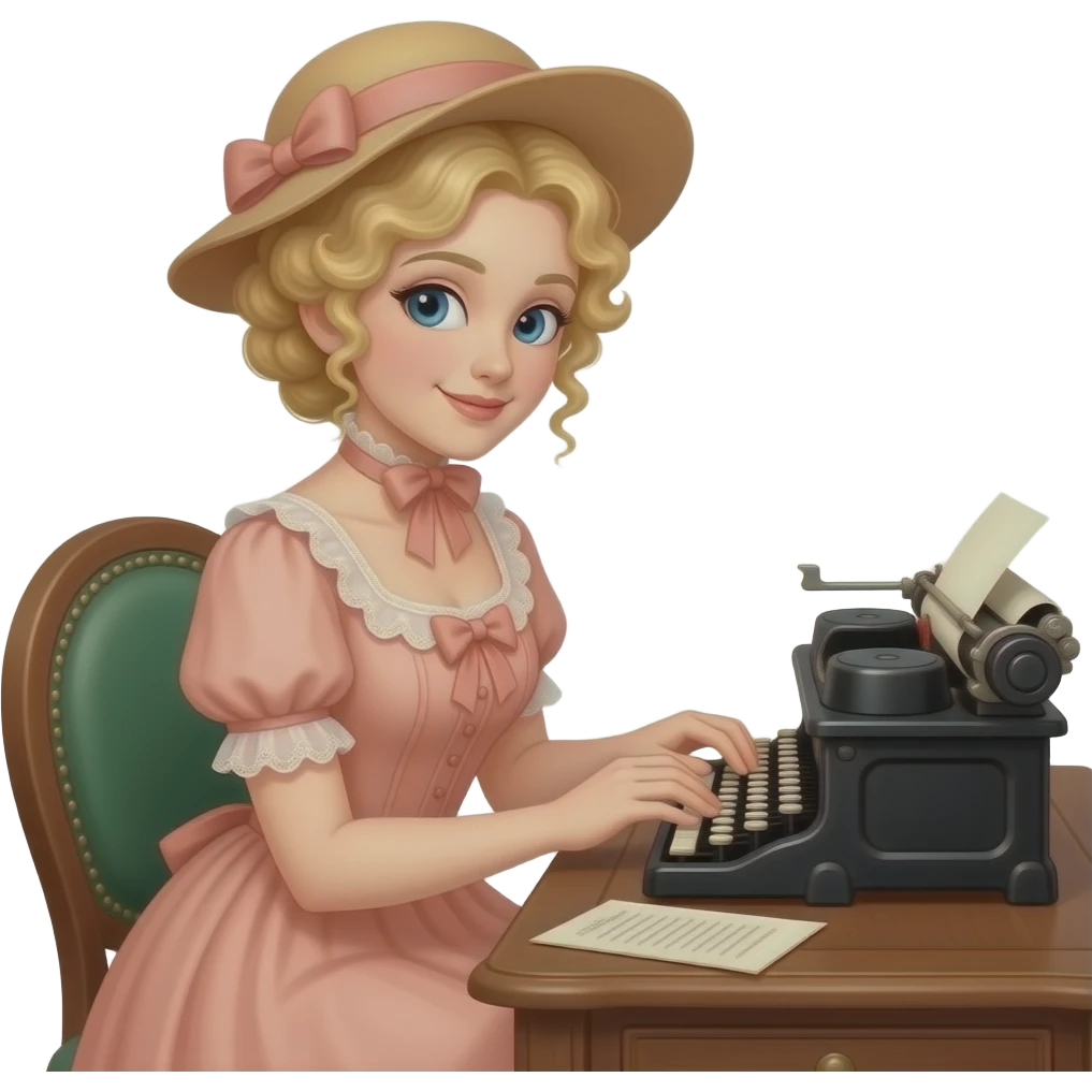 blonde tight curly hair pinned up sitting on an antique desk typing a paper in 1800  peach dress and matching hat emoji