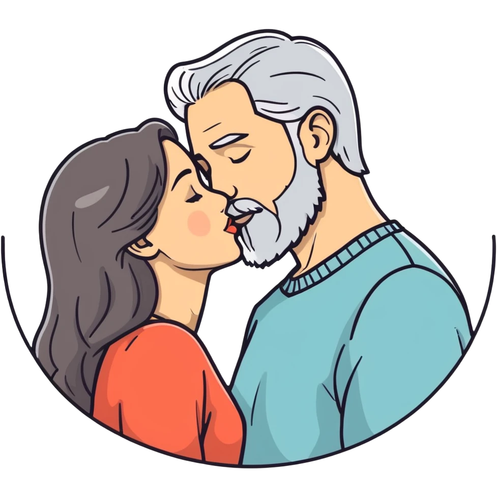 Grey haired bearded man and pretty brunette woman kissing  emoji