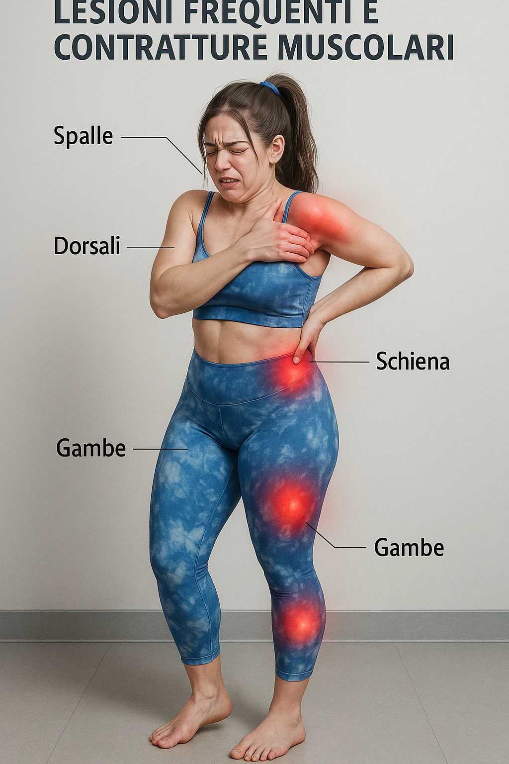 donna con infortuni e contratture frequenti in 3D realistica, donna dolorante immagine medica in italiano  emoji