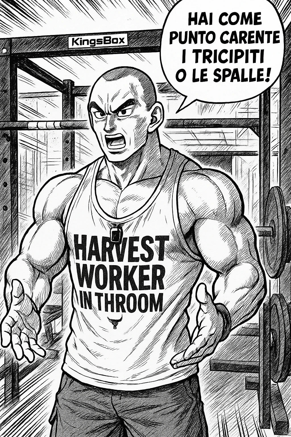 Personal trainer che dice al suo allievo, "hai come punto carente i tricipiti o le spalle!" Stile manga di Dragon Ball emoji