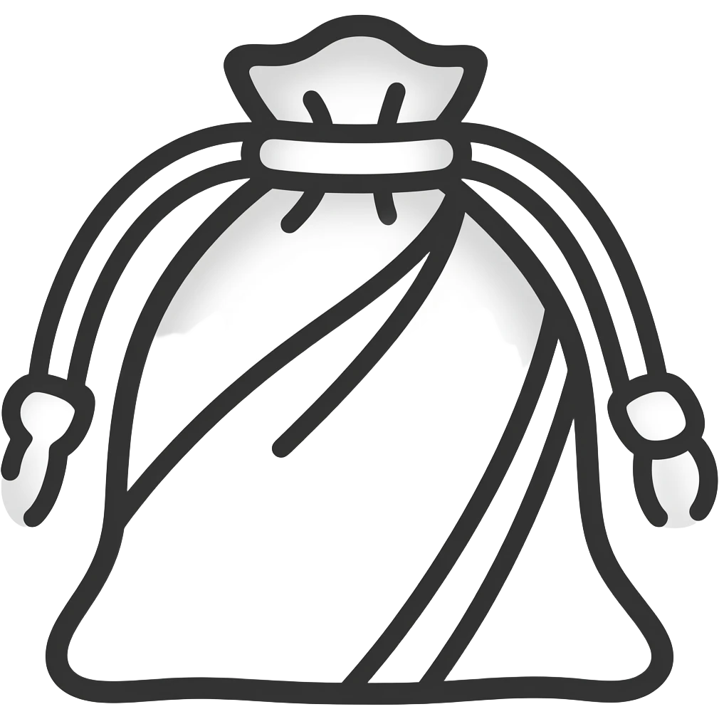 Black outline icon of a cloth drawstring garment pouch with a folded saree partially visible inside. Thin stroke vector, minimal style, white background. emoji
